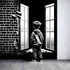 Boy gazes at snowy night through French doors with lamp light, brick wall, and broken vase.