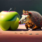 Surreal artwork: Metallic hippopotamus, flowers, oversized apple, tiny figures, boats on