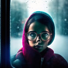 Person in glasses and hooded jacket looking out rainy window against forest backdrop