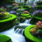 Lush Garden with Waterfalls, Moss-Covered Terraces & Colorful Flowers
