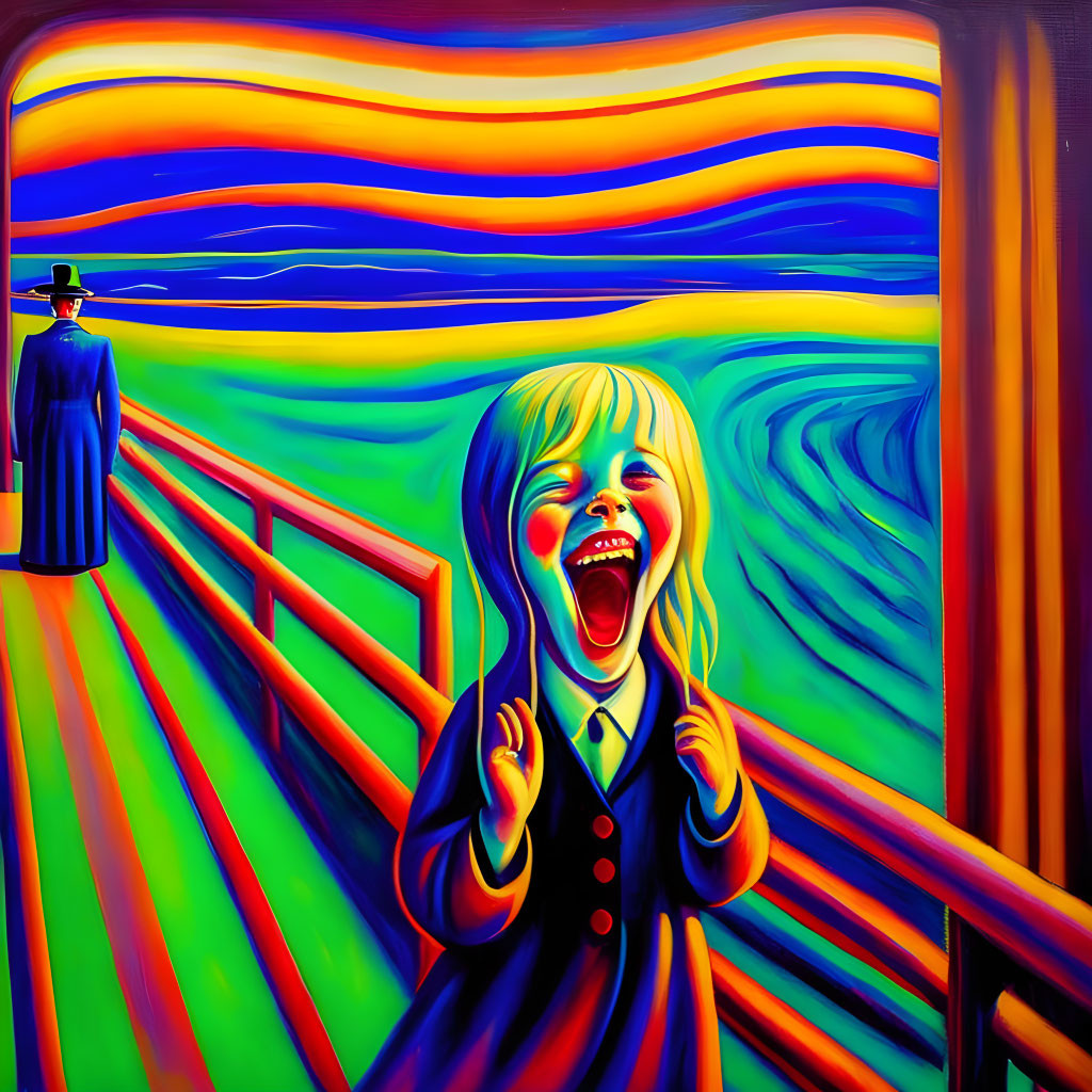 Vivid painting of shrieking girl and man in hat in abstract landscape