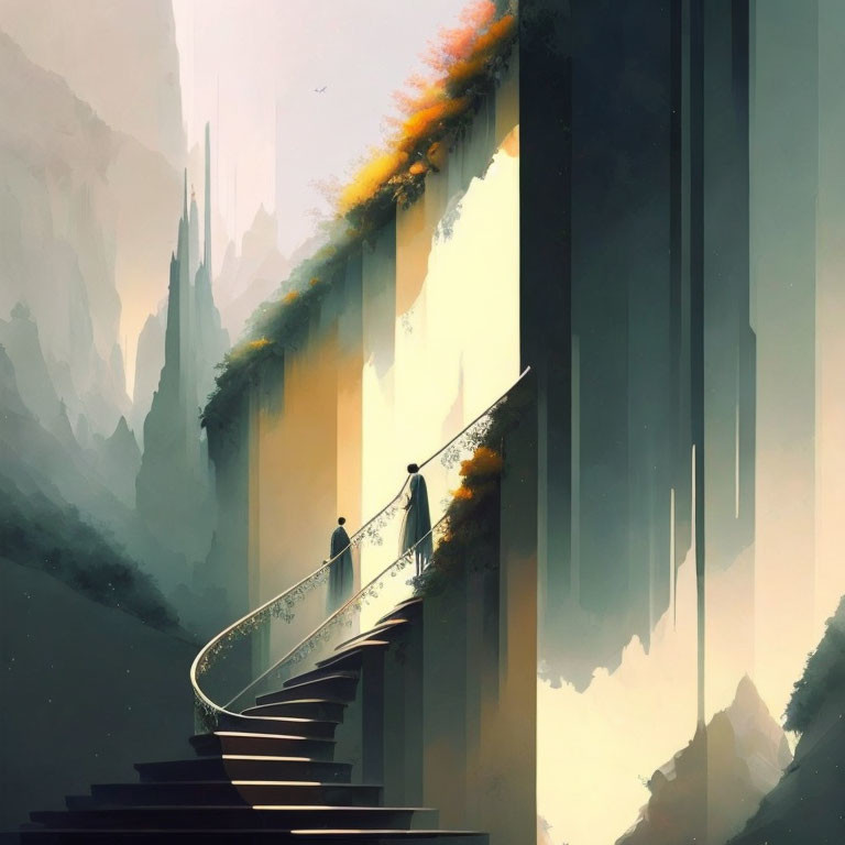 Surreal staircase in mist with autumn foliage and vertical structures