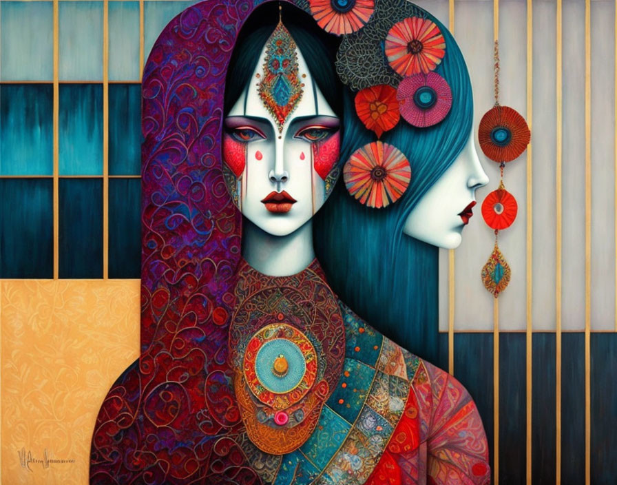 Vibrant painting of two stylized women with intricate headdresses and exotic makeup in warm and cool