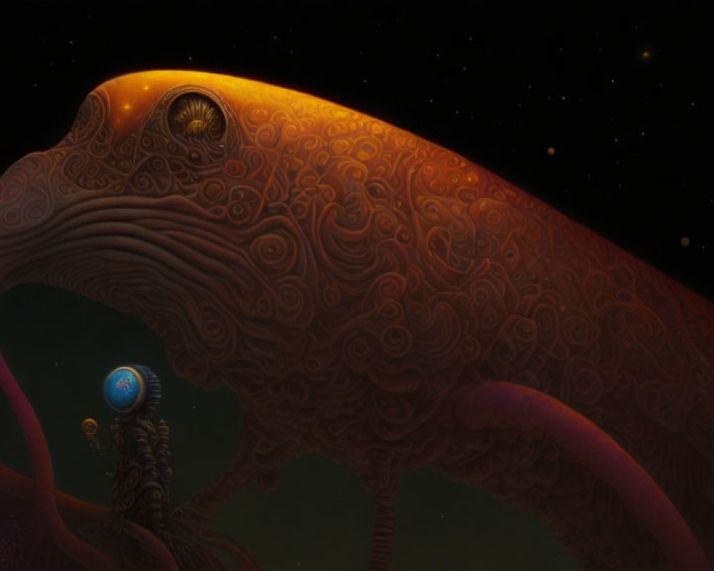 Orange Patterned Creature with Tentacles and Humanoid Figure in Space