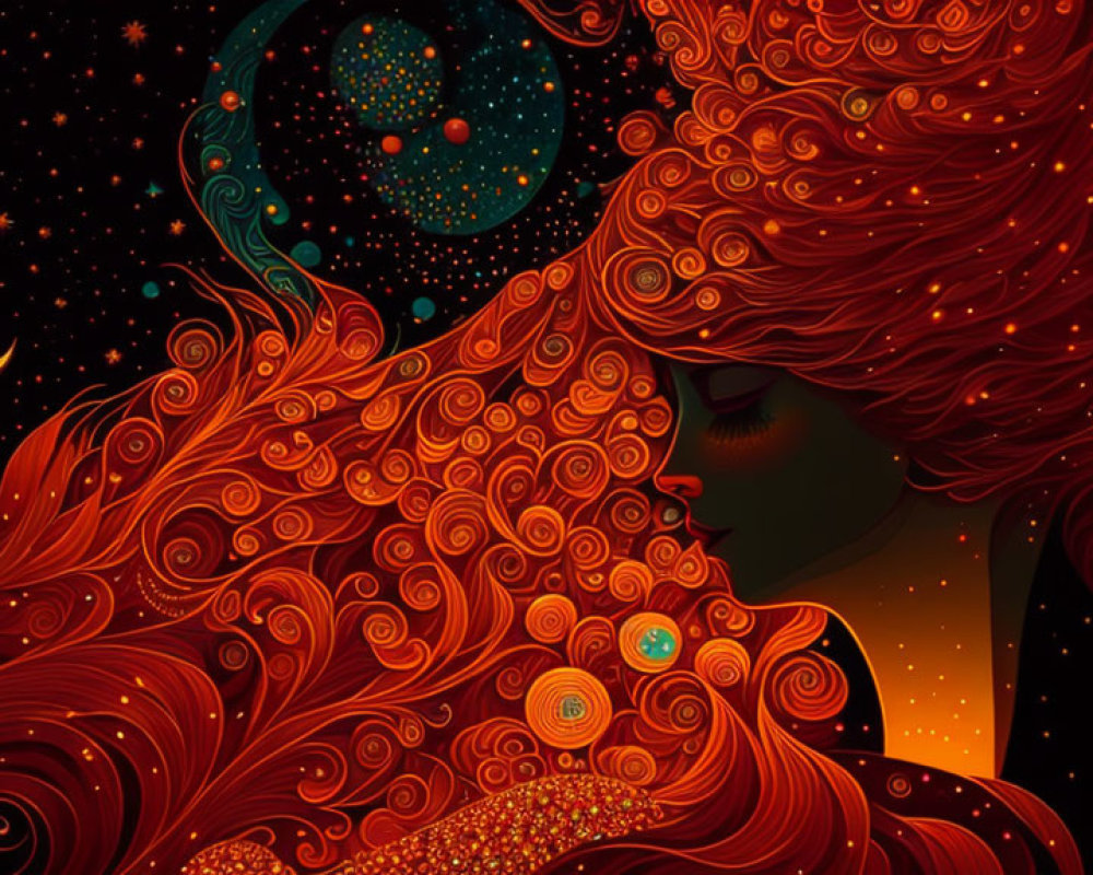 Stylized illustration of woman with red hair in cosmic setting