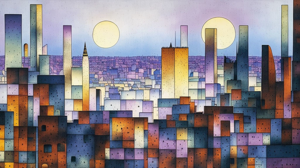 Colorful geometric cityscape with multiple moons/suns in sky