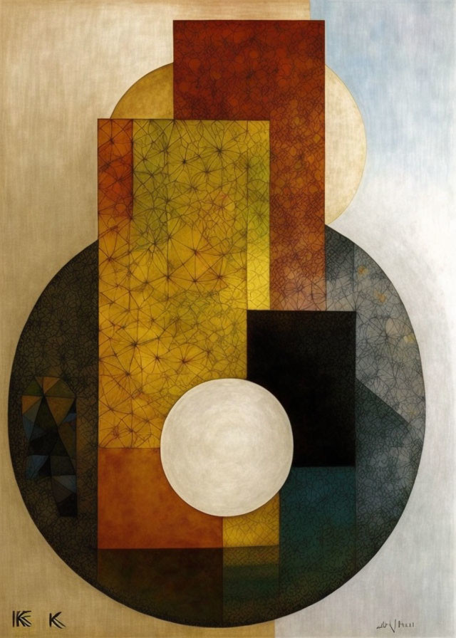 Geometric abstract painting with earth tone circles, rectangles, and overlaid lines