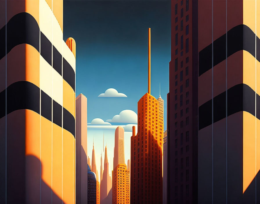 Cityscape with tall buildings under warm sunset sky in orange and blue hues.
