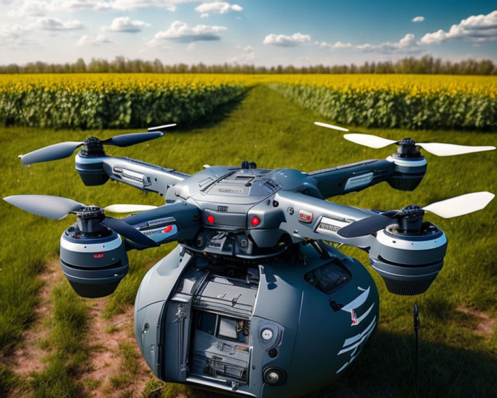 Drone with Cameras and Sensors Over Yellow Flower Field