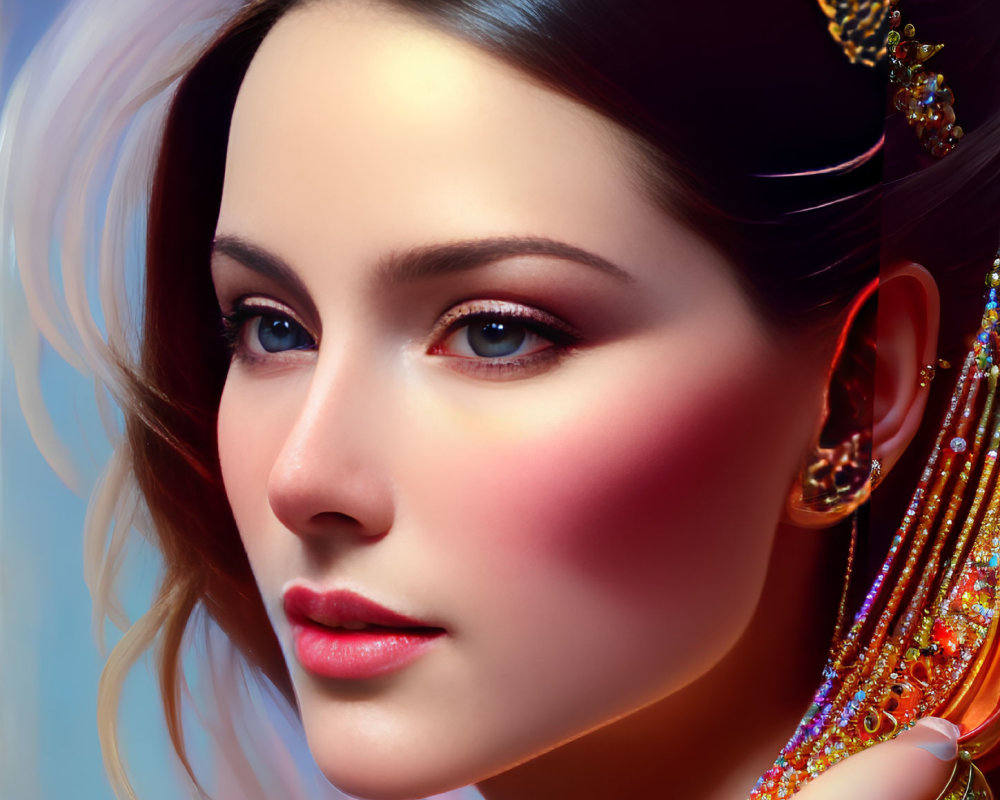 Detailed digital portrait of a woman with glossy lips and intricate jewelry on soft, multicolored backdrop