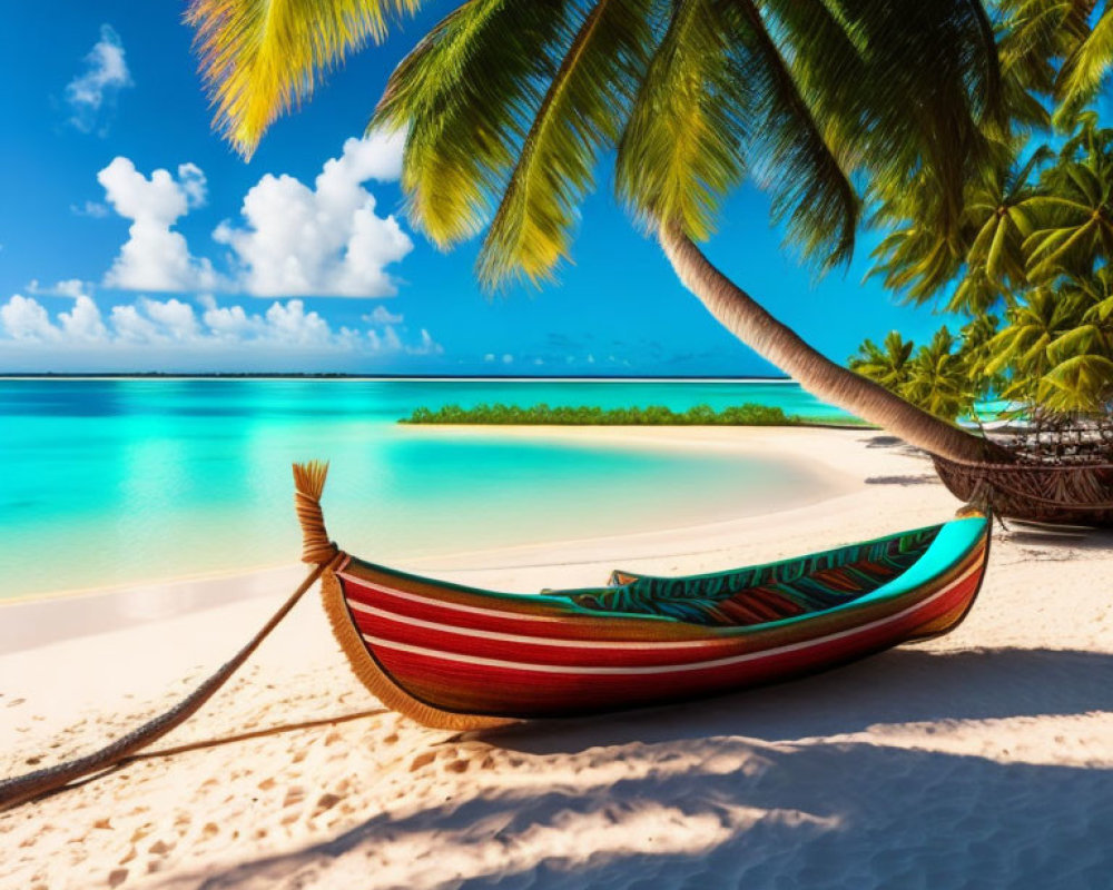 Palm trees and hammock on sandy beach with turquoise ocean