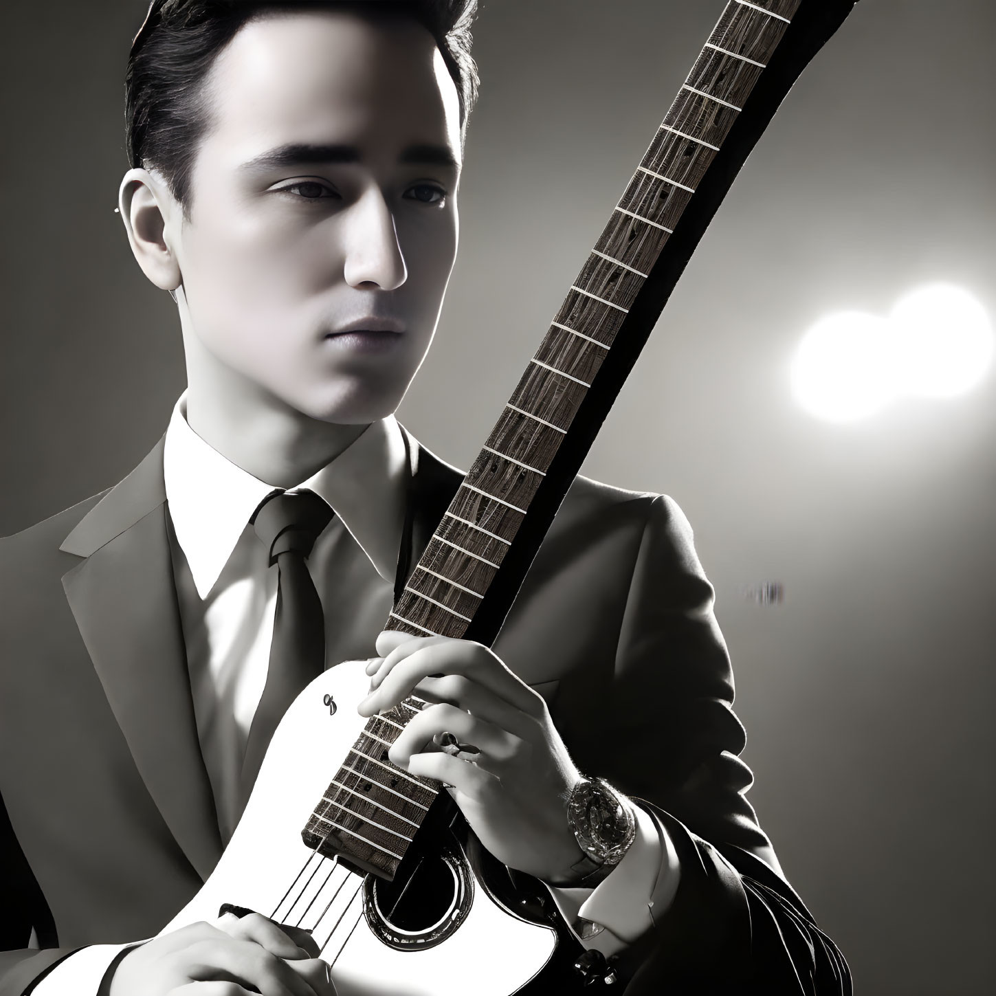 Monochrome image of stylish man in suit with guitar under dramatic lighting