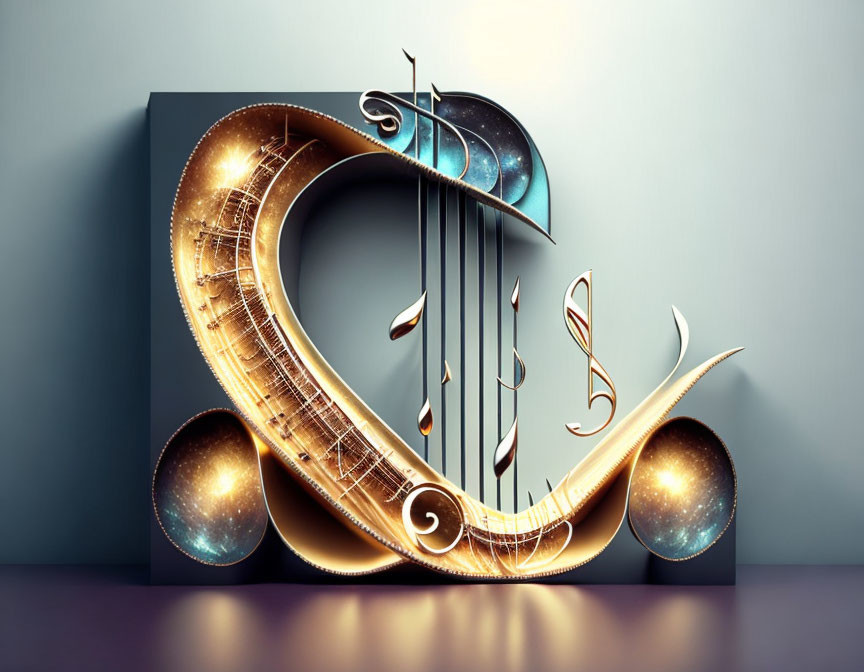 Stylized gold treble clef with musical notes in a cosmic-themed 3D digital artwork