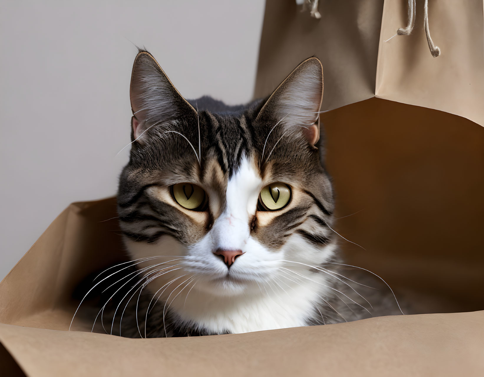Tabby Cat with Unique Markings and Yellow Eyes in Brown Paper Bag