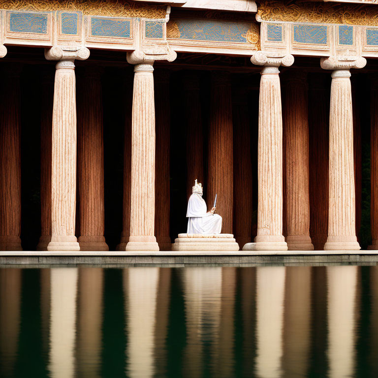 Seated figure statue with sword between ornate pillars reflected in water