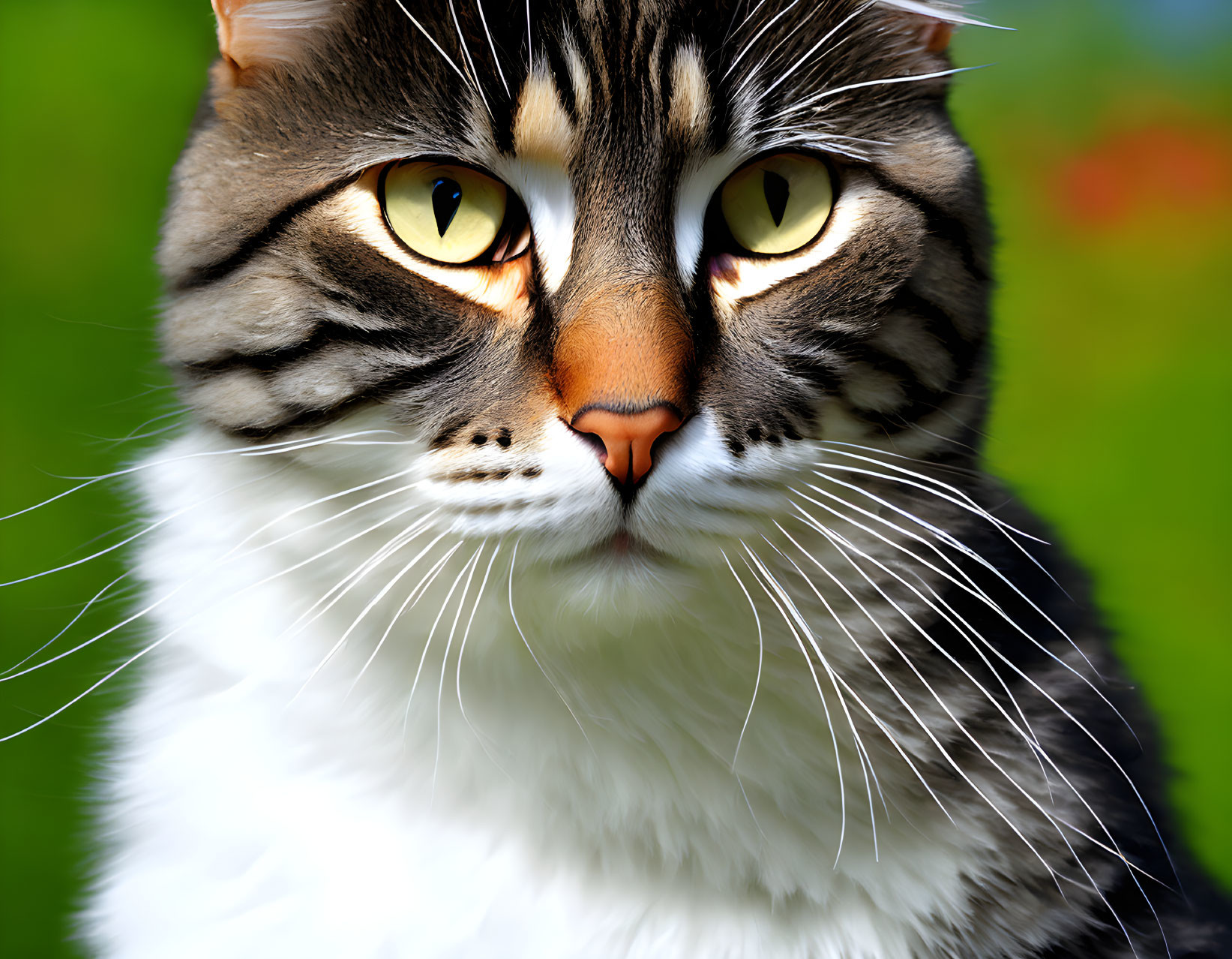Tabby Cat with Yellow Eyes and Black Stripes on White Chin
