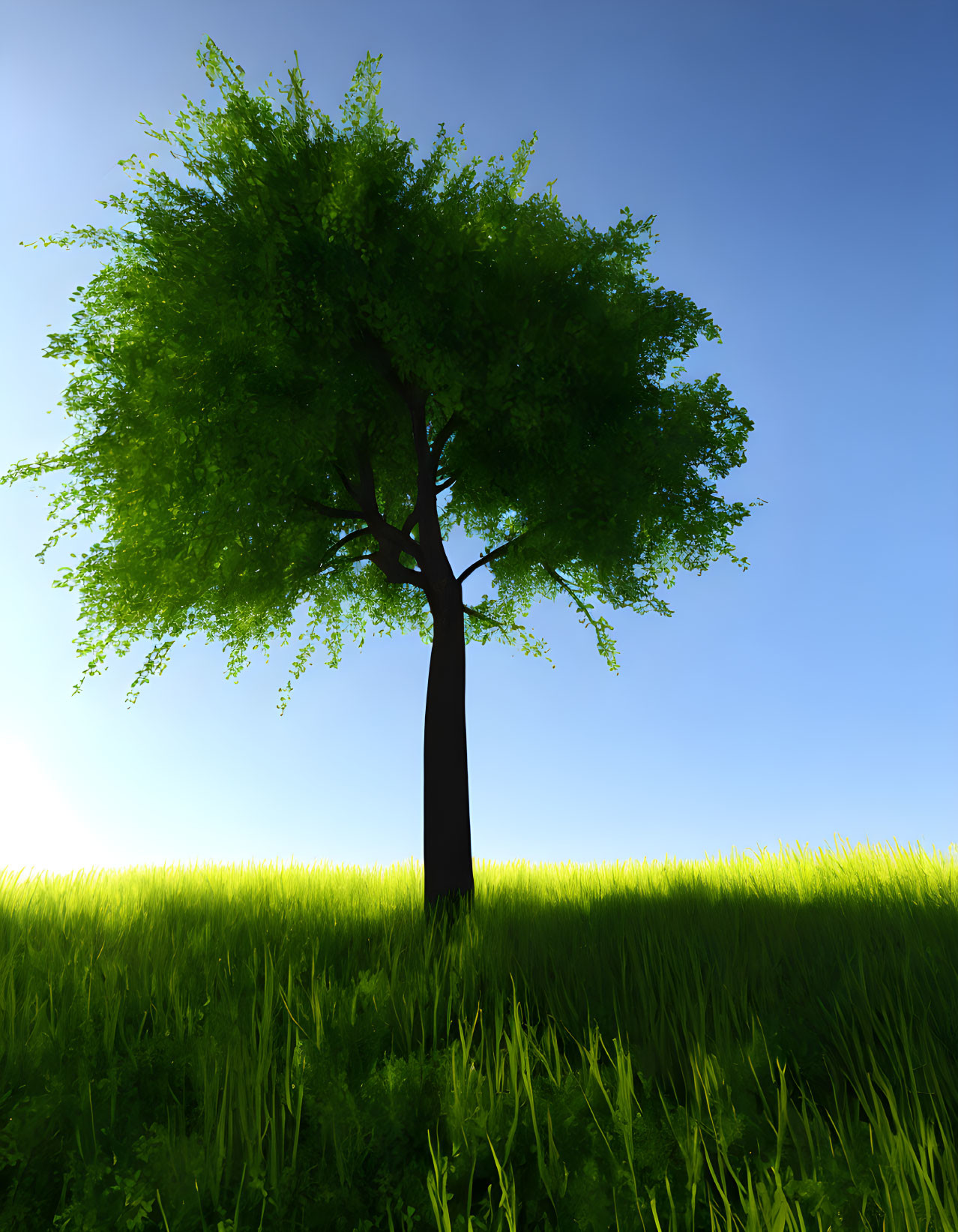 Lone tree with lush green leaves in vibrant field against clear blue sky