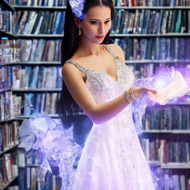Woman in elegant dress levitates purple orb in library with icy crystals.