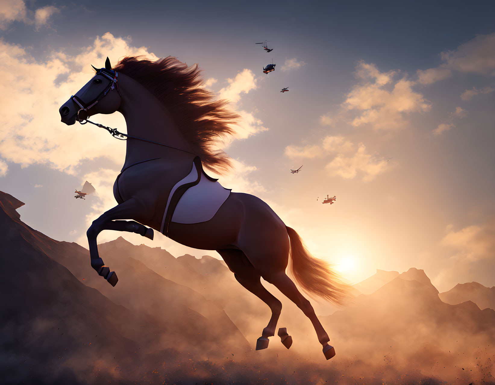 Majestic horse with flowing mane leaps in dusky sky against golden sunset