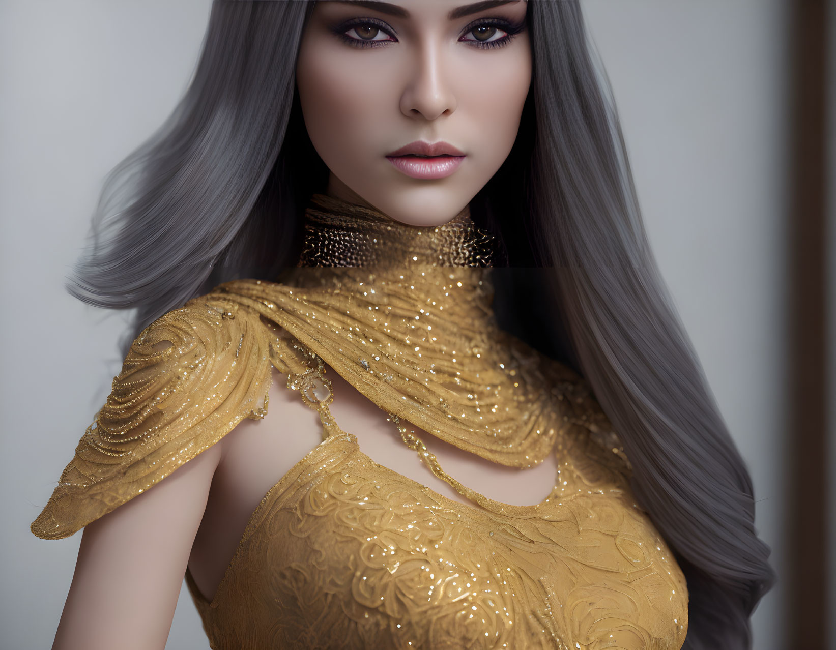 Digital Artwork: Woman with Gray Hair, Purple Eyes, & Gold Shoulder Garment