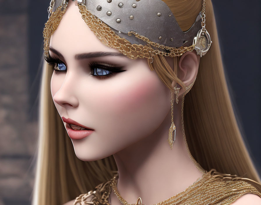 Digital artwork of woman with blue eyes, blonde hair, wearing medieval helmet and chain jewelry.