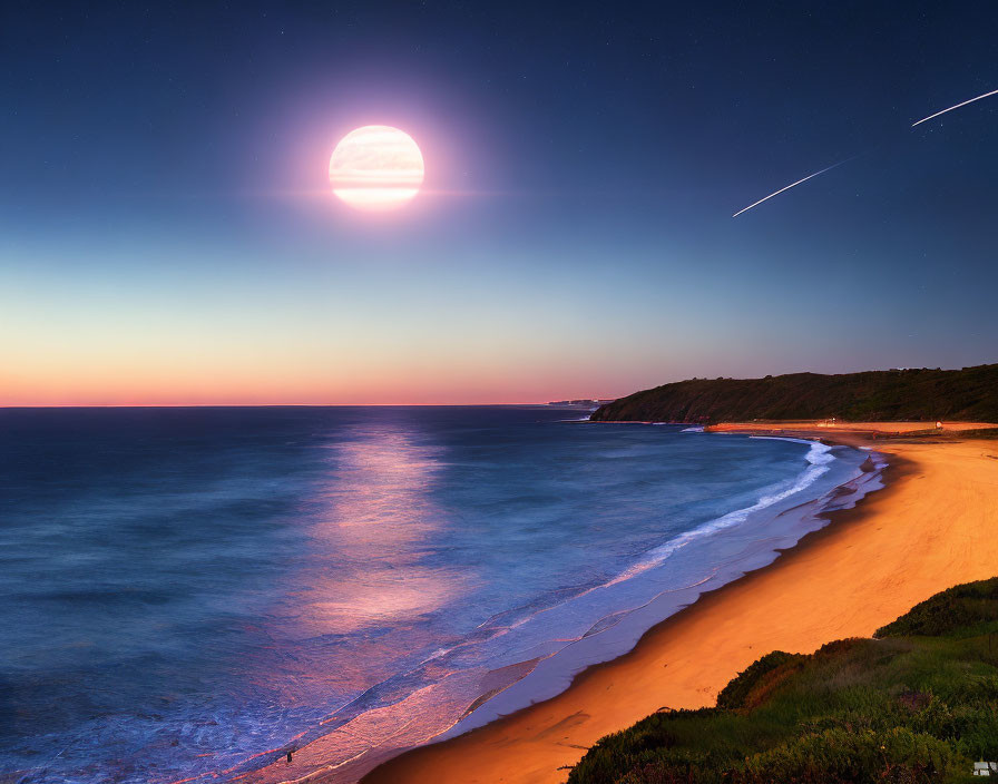 Tranquil Beach Scene: Red Moonrise, Starry Sky, Shooting Stars