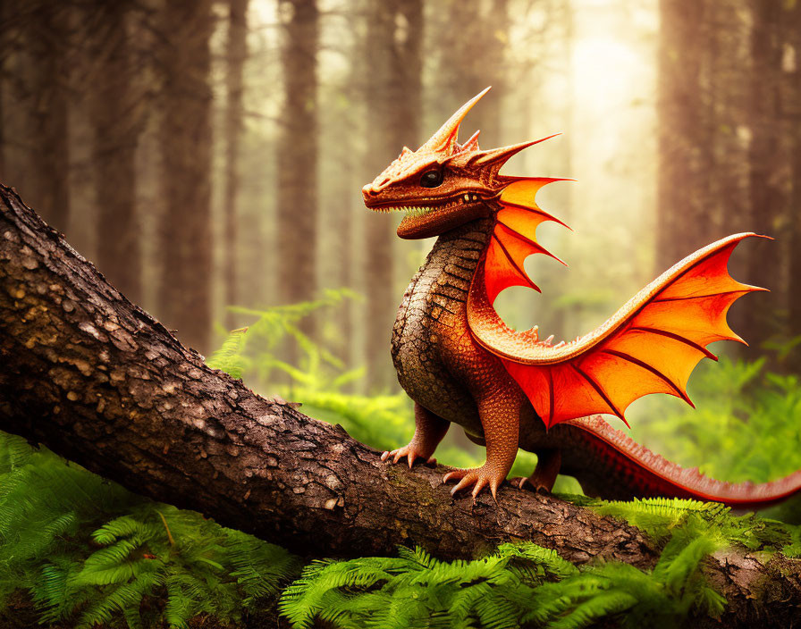 Majestic dragon on tree trunk in lush forest with sunlight.