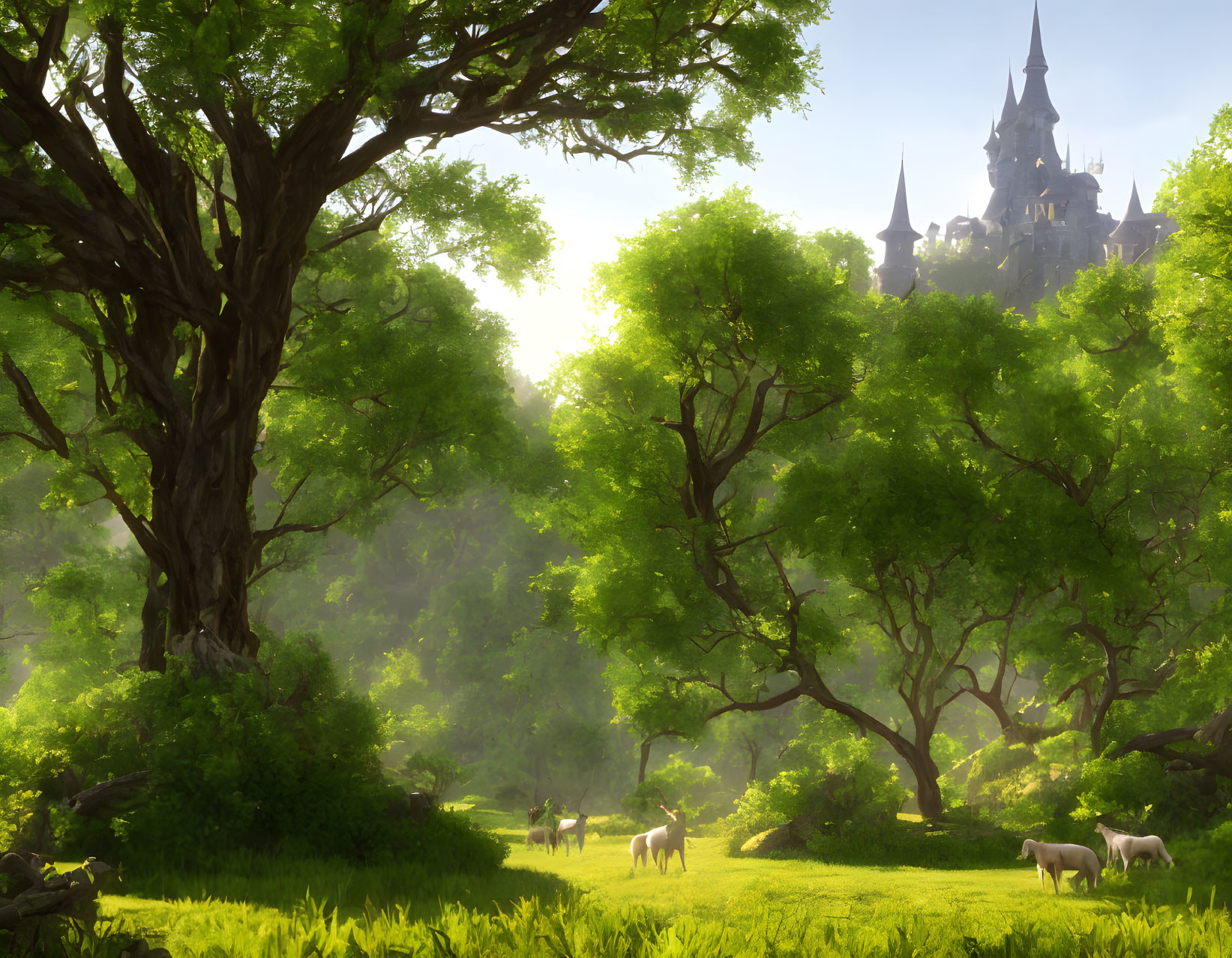 Tranquil landscape with green trees, deer, meadow, and castle in misty ambiance