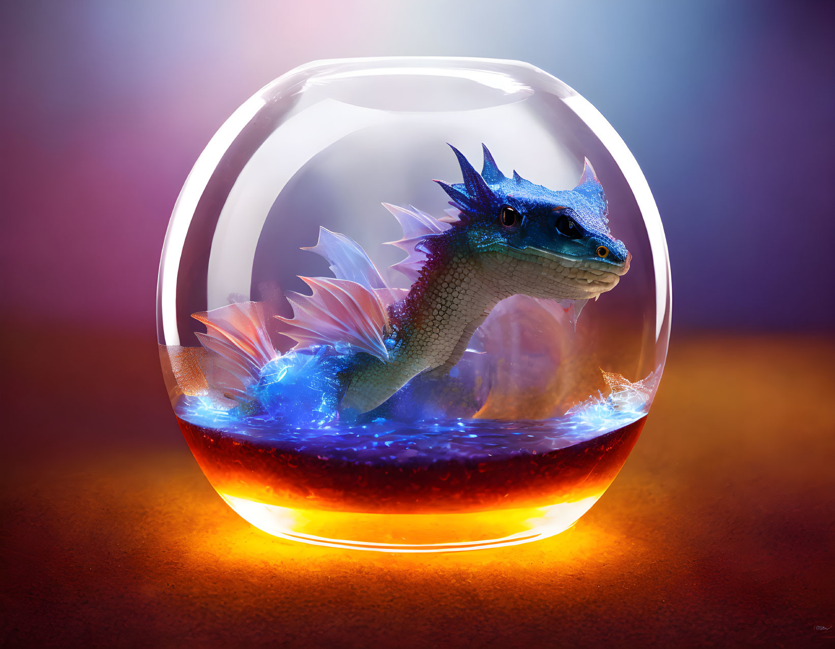 Blue dragon in glass sphere with fiery base on gradient background