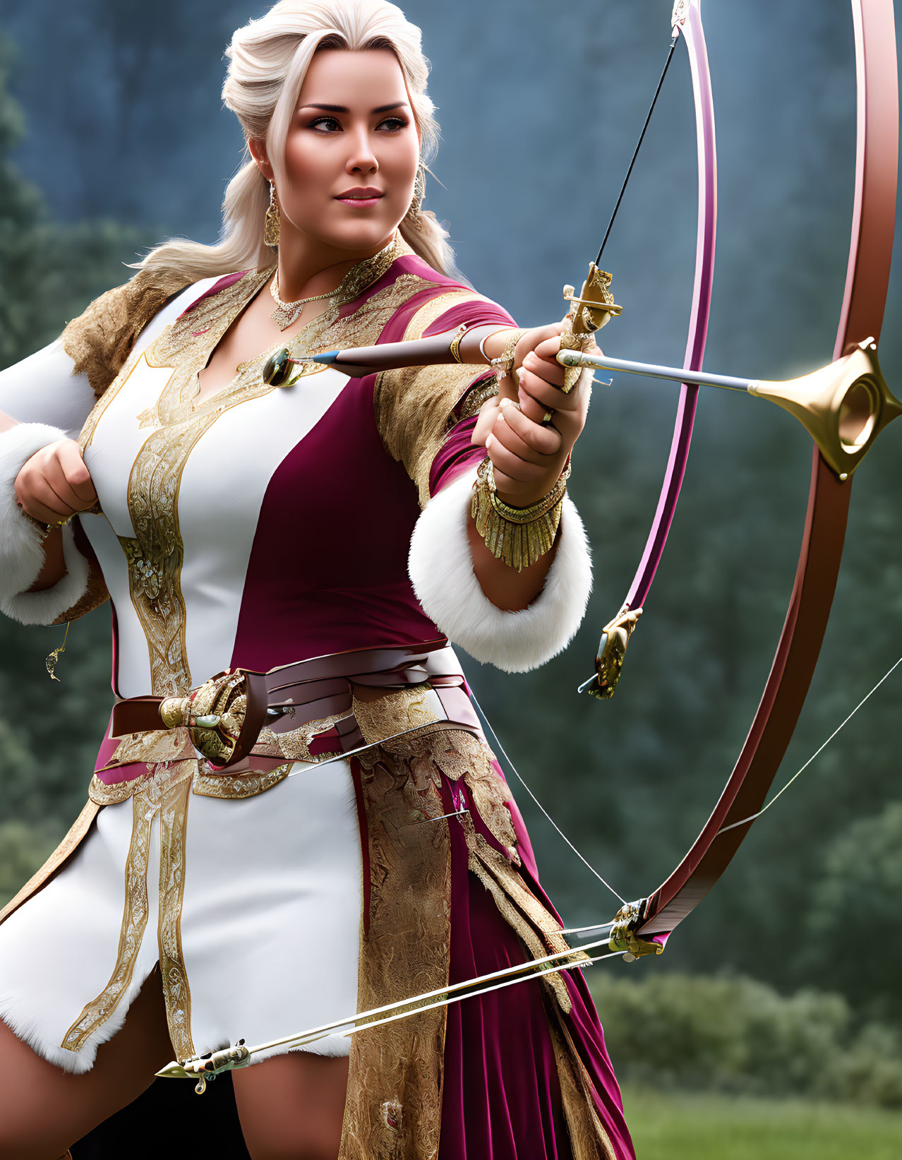 Fantasy archer in golden-trimmed outfit aims arrow in misty forest