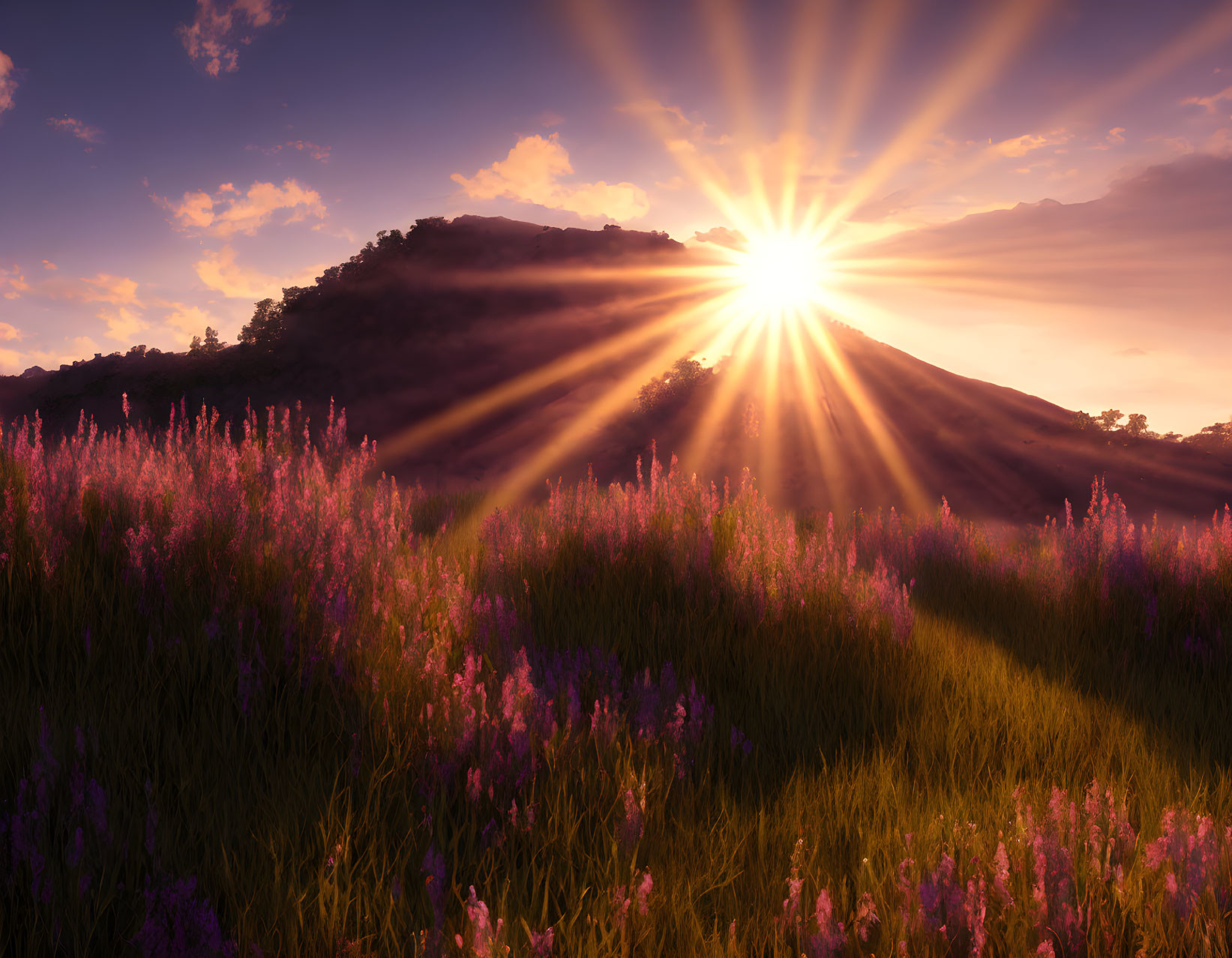 Vibrant sunset over mountain peaks and purple flowers