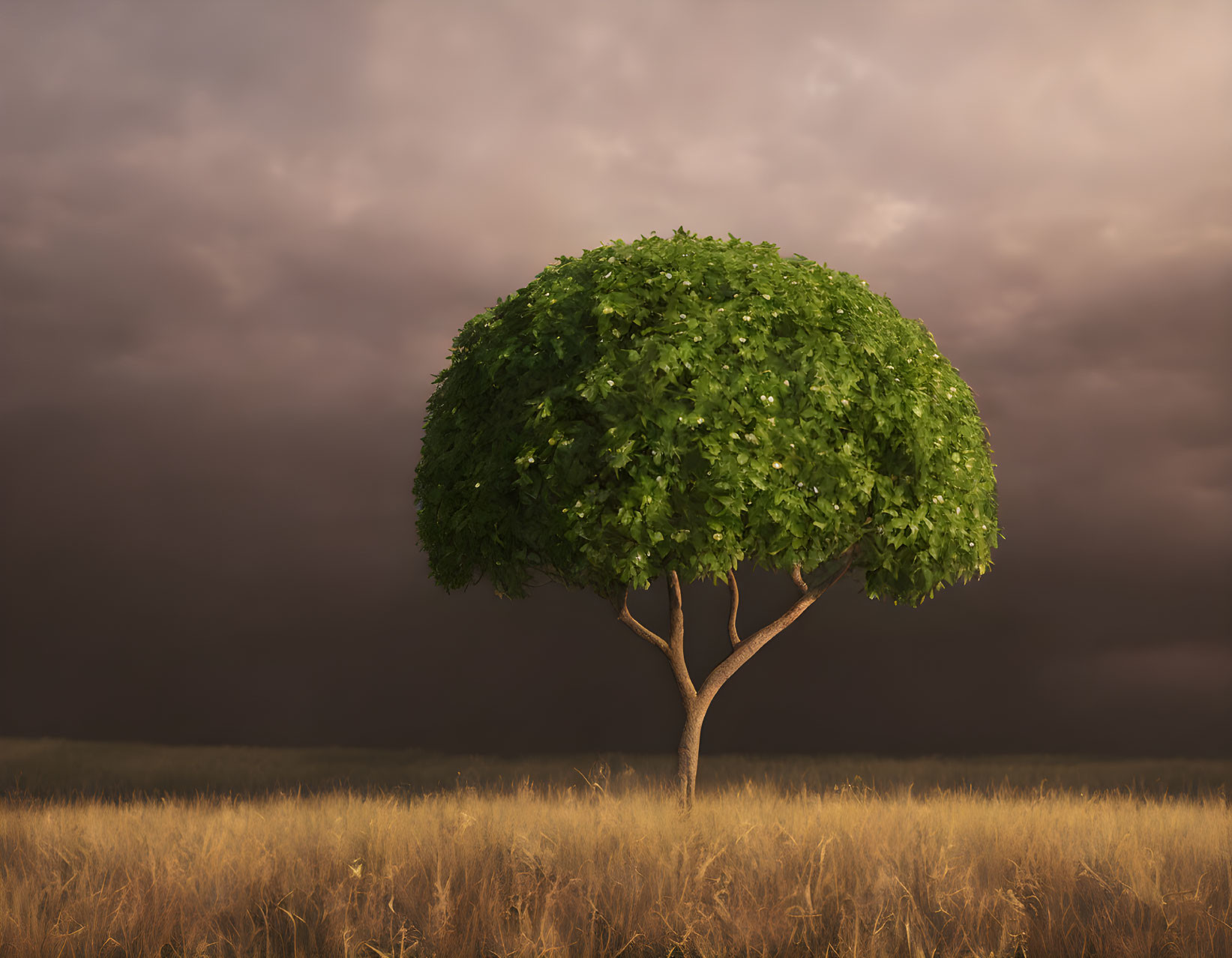 Solitary tree with lush green canopy in golden grass field under moody sky