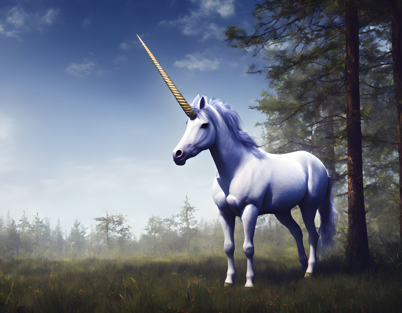 White Unicorn with Golden Horn in Serene Forest Clearing