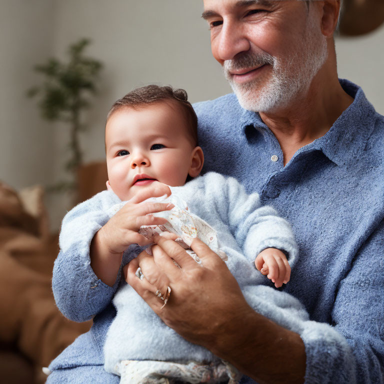 Elderly Man Smiling with Baby in Blue and White Attire