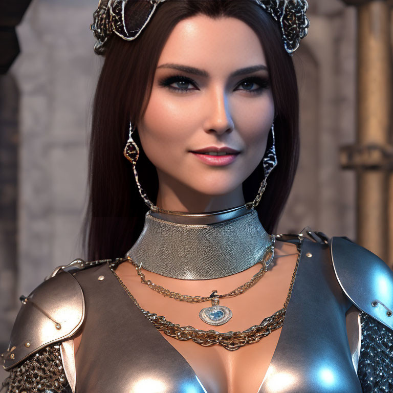 Dark-haired woman in medieval armor with necklace and headpiece on stone background