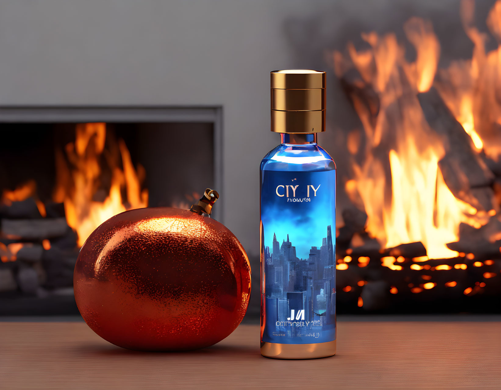 Red spherical object and blue perfume bottle with "CITY" against cozy fireplace.