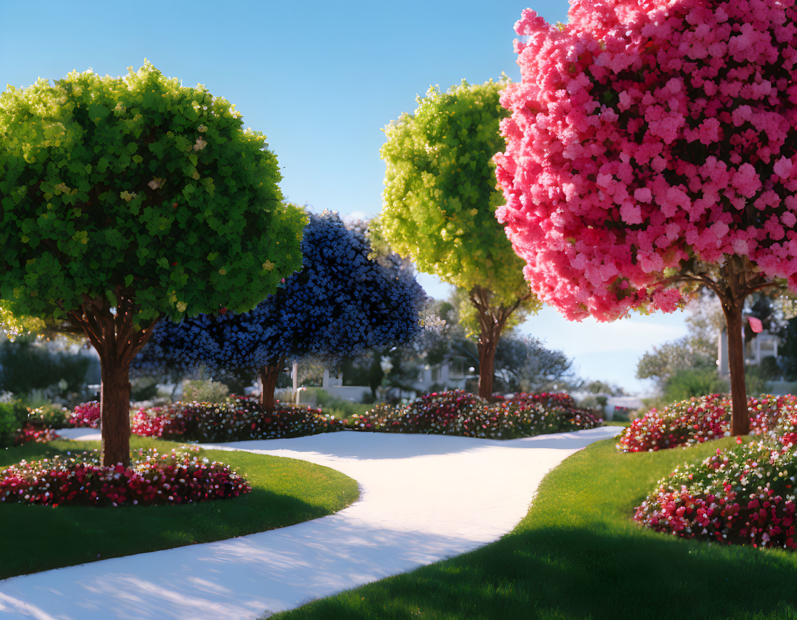 Scenic garden path with lush greenery and colorful blossoms