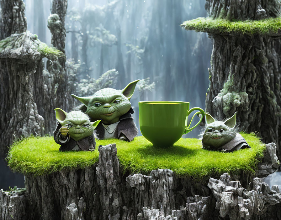 Three Yoda figures with various expressions beside a green cup on mossy stump, waterfall backdrop