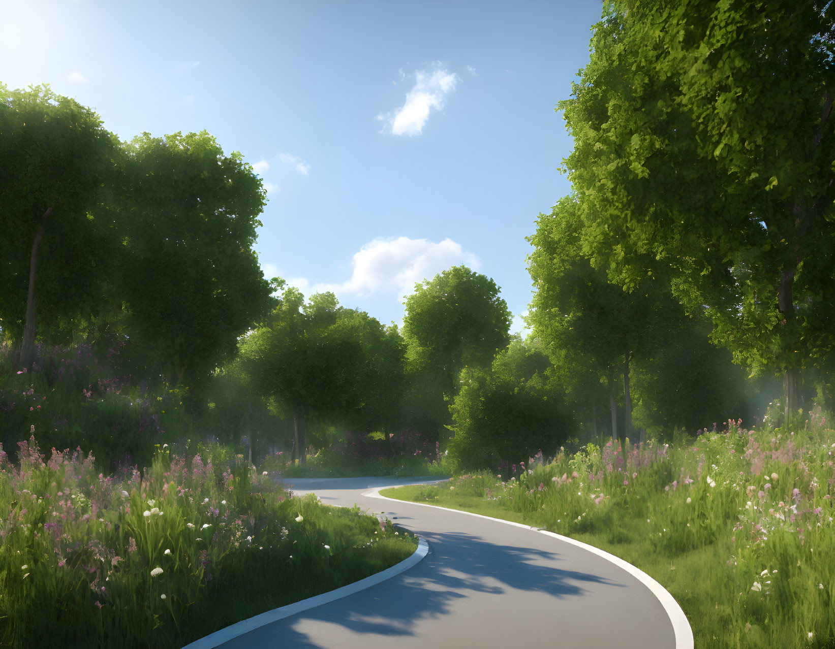 Tranquil Park Scene with Winding Path and Wildflowers