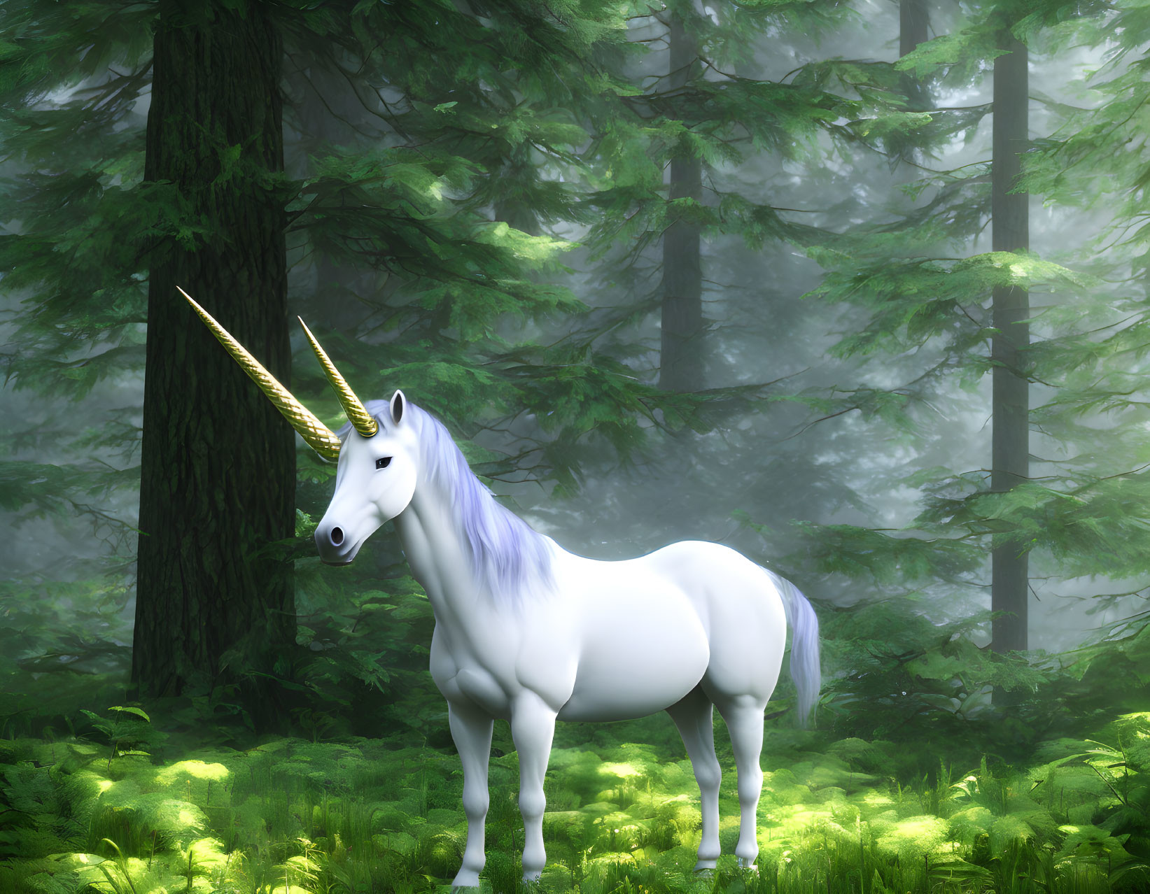 White unicorn with golden horn in mystical forest with sun rays