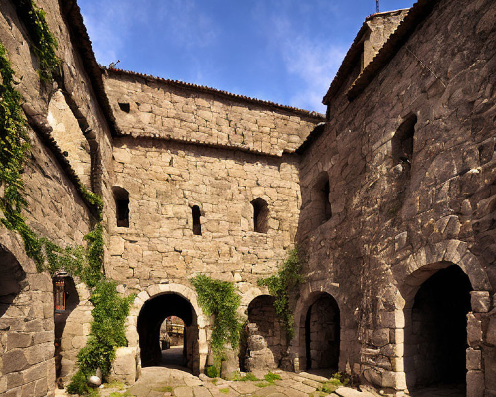 Medieval fortress courtyard with arches and weathered walls