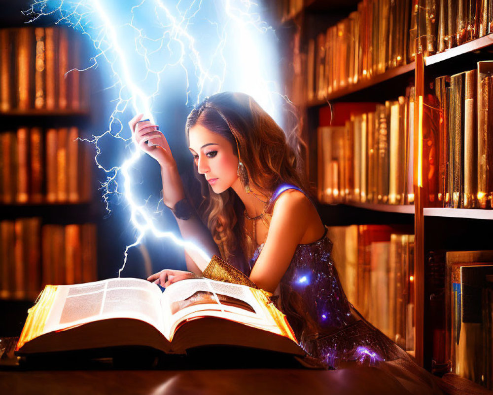 Woman reading glowing book with magical blue lightning in library