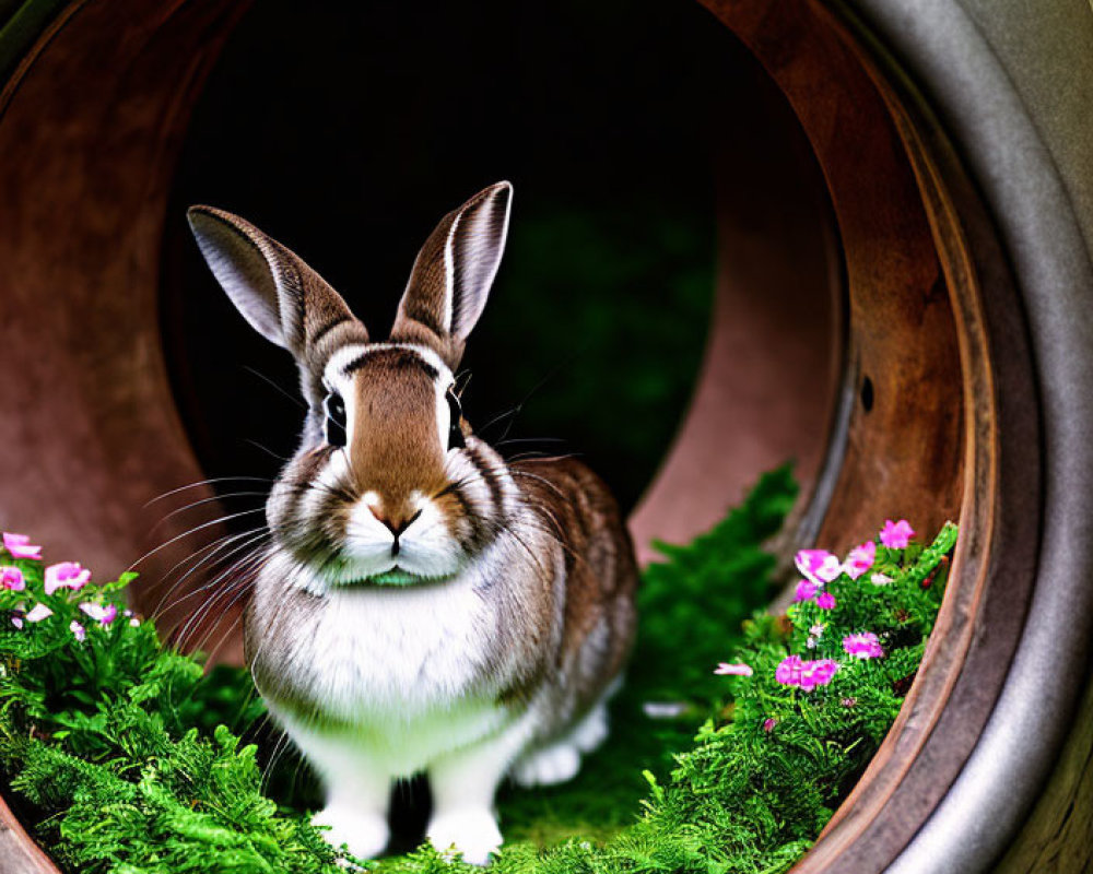 Rabbit in circular tunnel with greenery and pink flowers