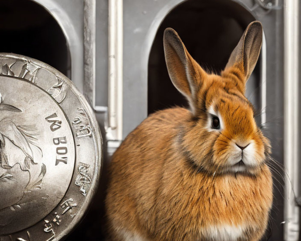 Brown rabbit with large coin and miniature safes in whimsical scene
