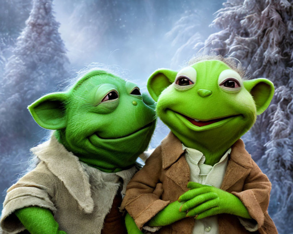 Green-skinned puppets in earth-toned attire against snowy forest.