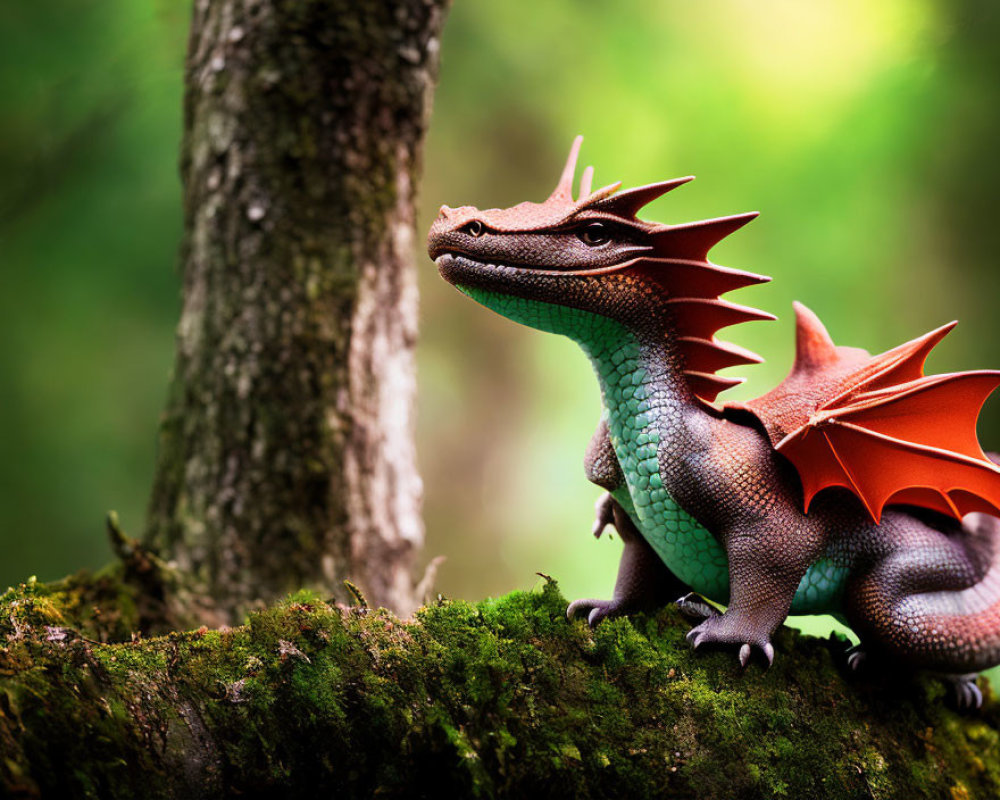 Detailed Toy Dragon with Red Wings Perched on Mossy Log in Green Forest