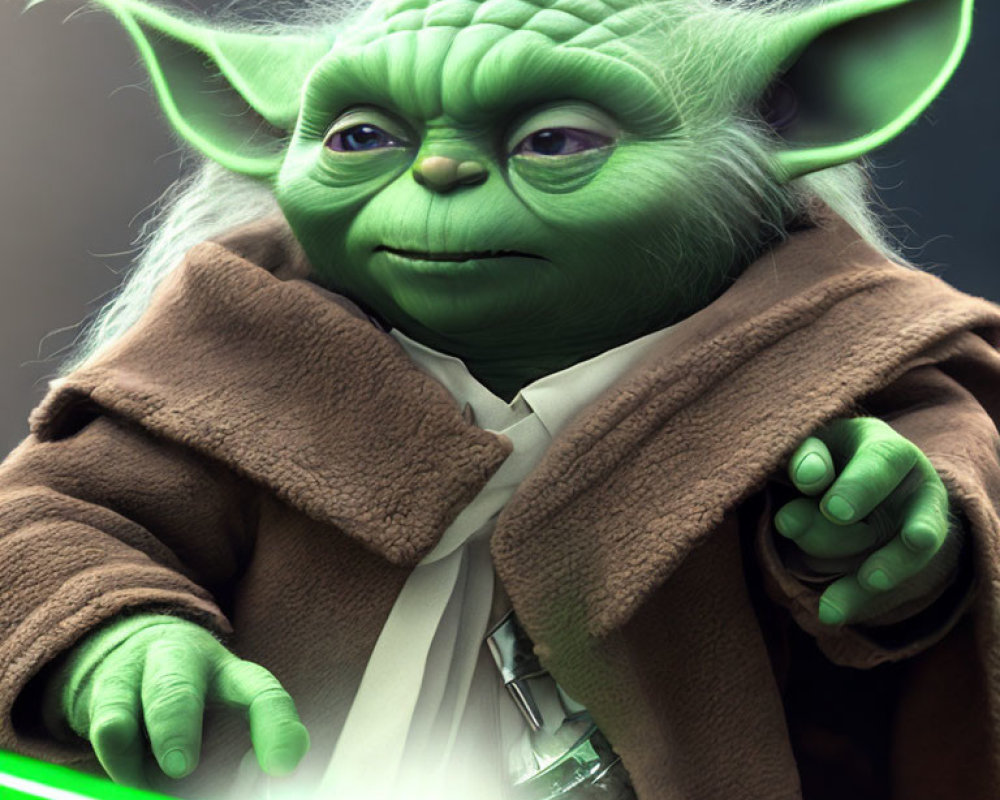 Detailed Illustration of Yoda with Green Lightsaber & Robe