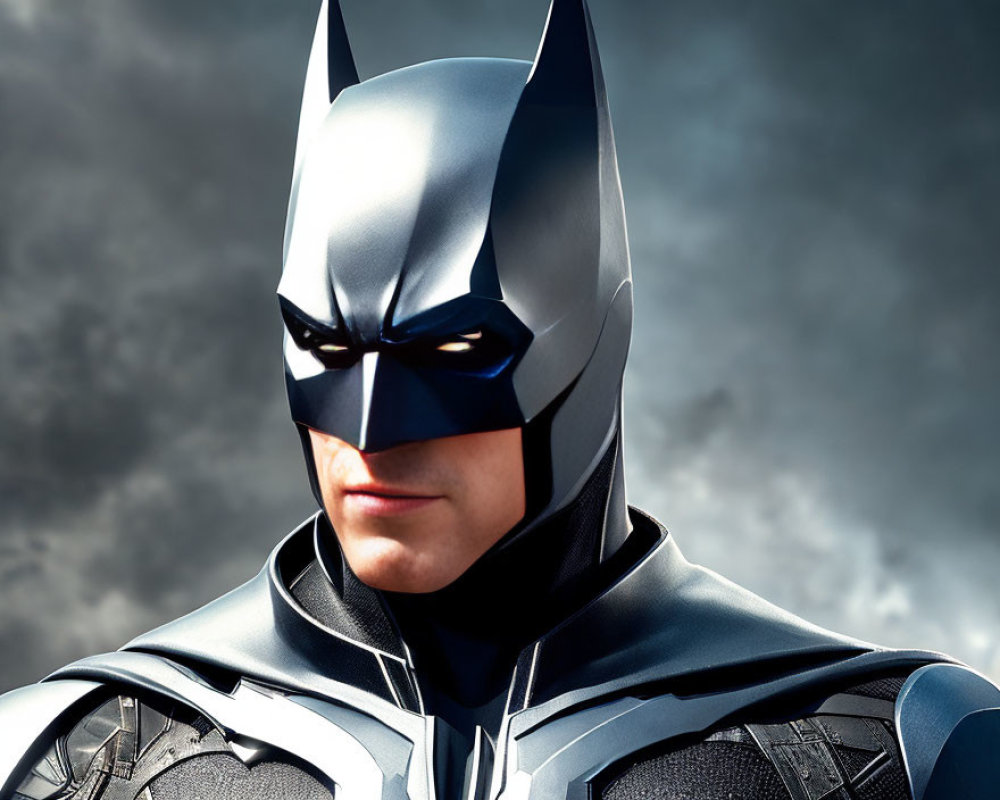 Realistic Batman costume close-up under cloudy sky