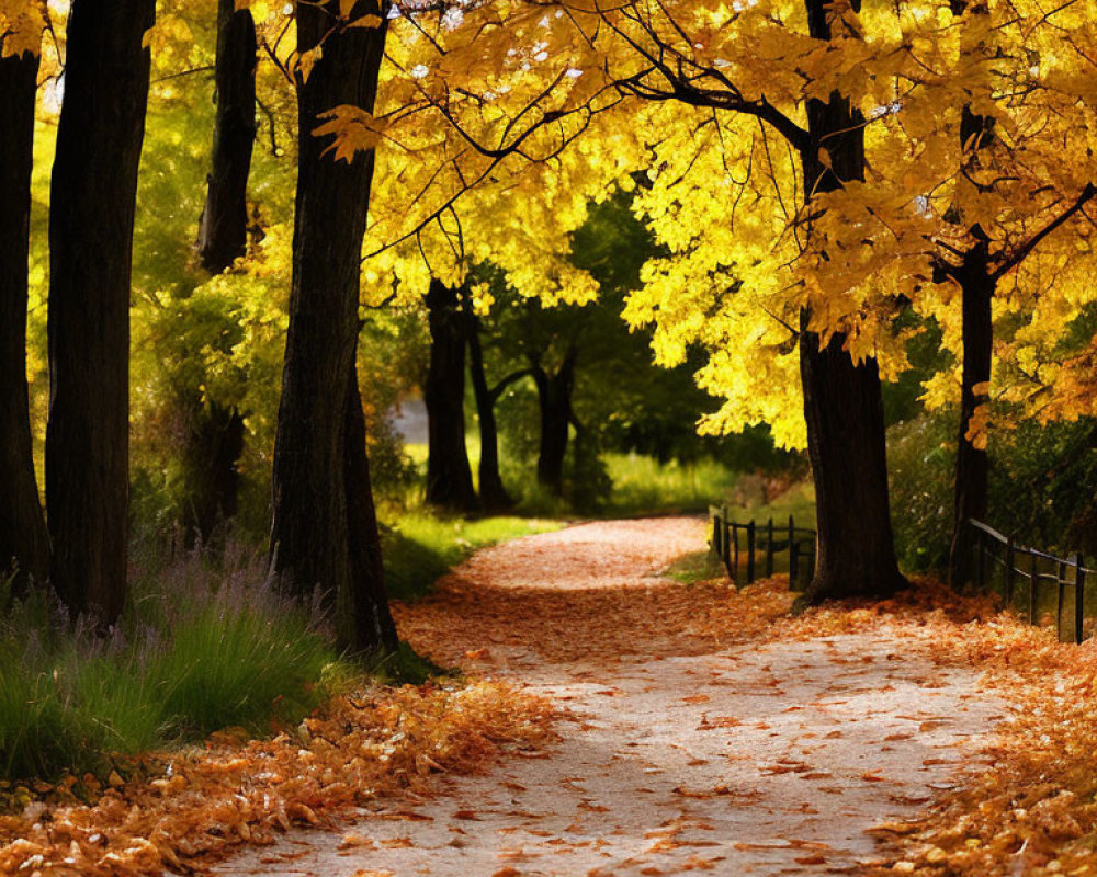 Tranquil Autumn Path with Golden Leaves and Wooden Fence