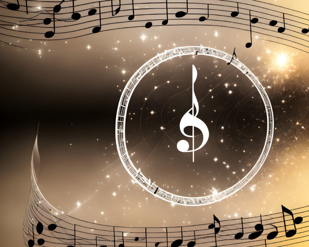 Musical notes and clef on golden background with lights